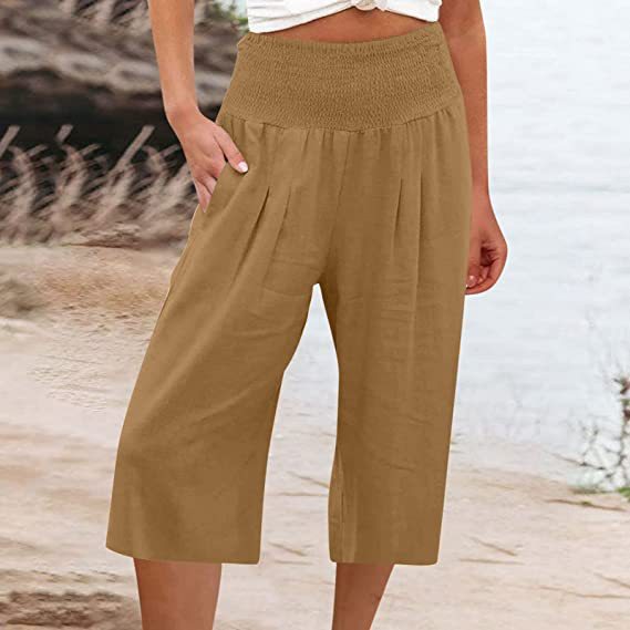 Women's Summer Smocked Wide-Leg Capri Pants Casual Loose Fit