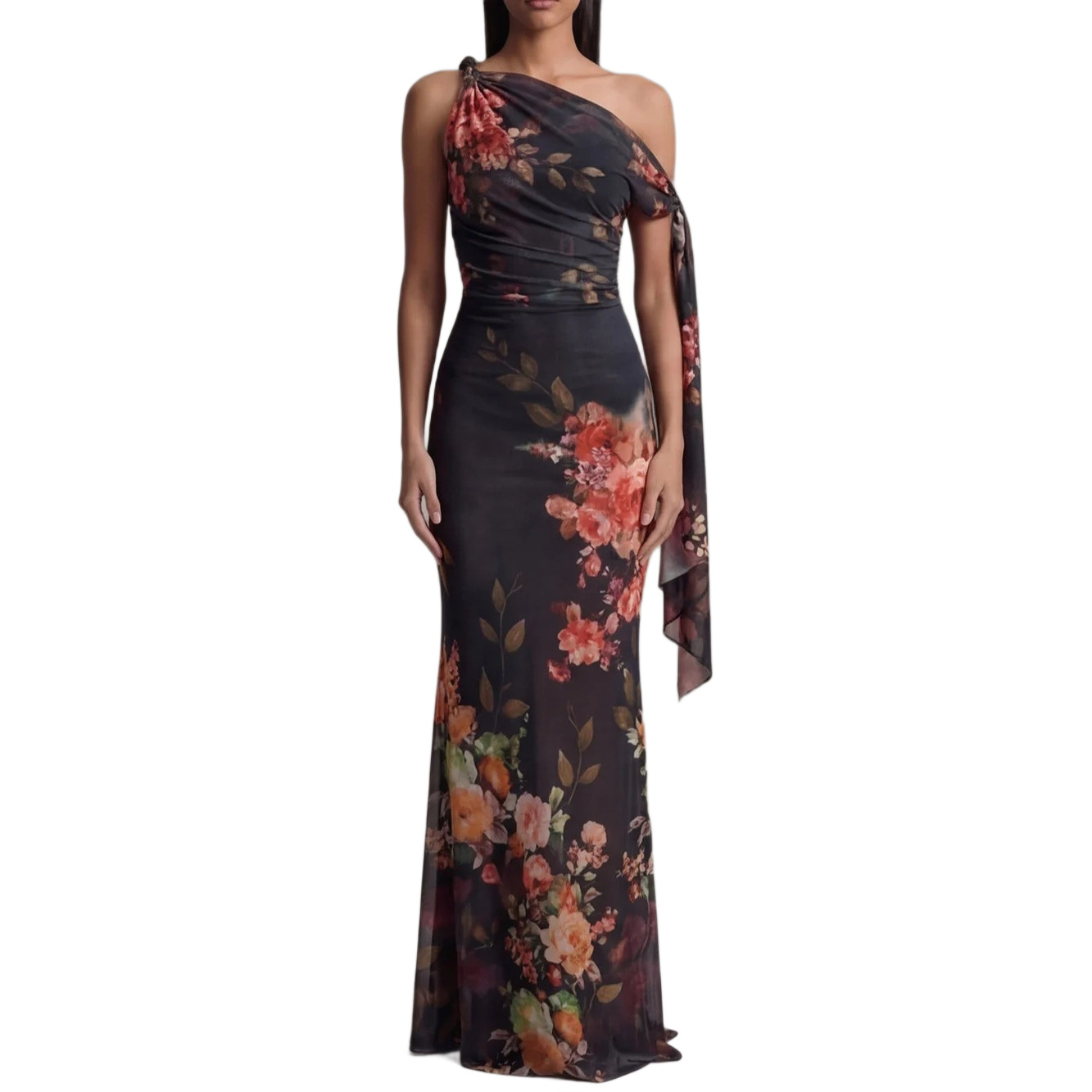 Sleeveless Digital Print One-Shoulder Waist-Cinched Long Dress