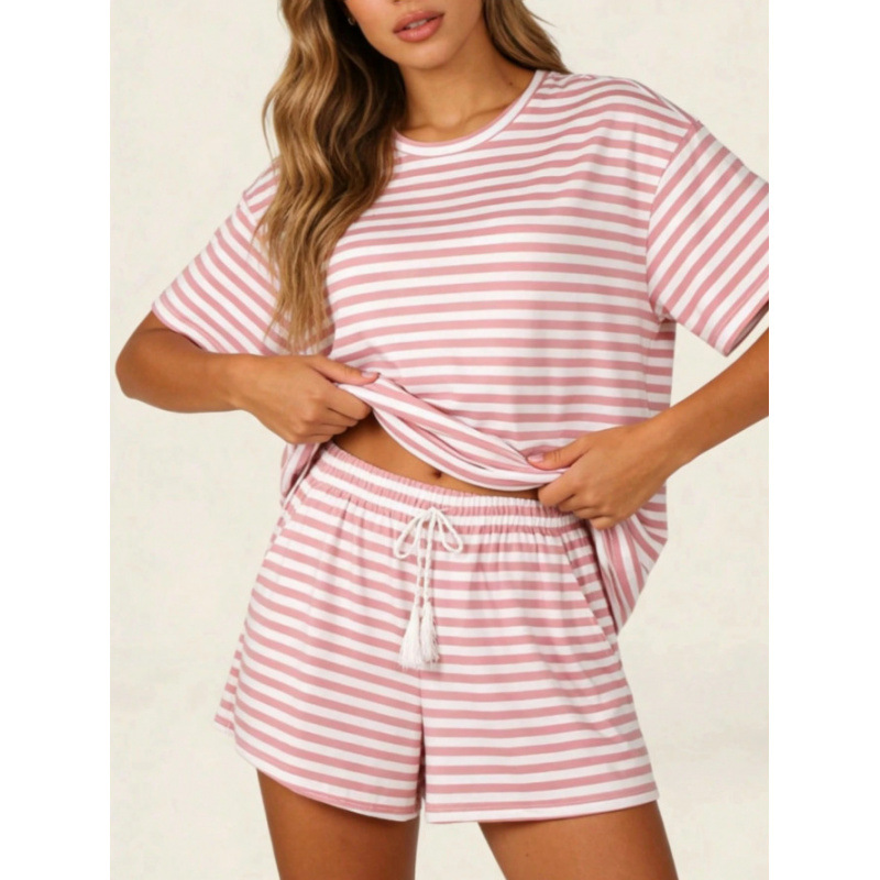 Women's Color-Block Striped Short Sleeve Shorts Lounge Set