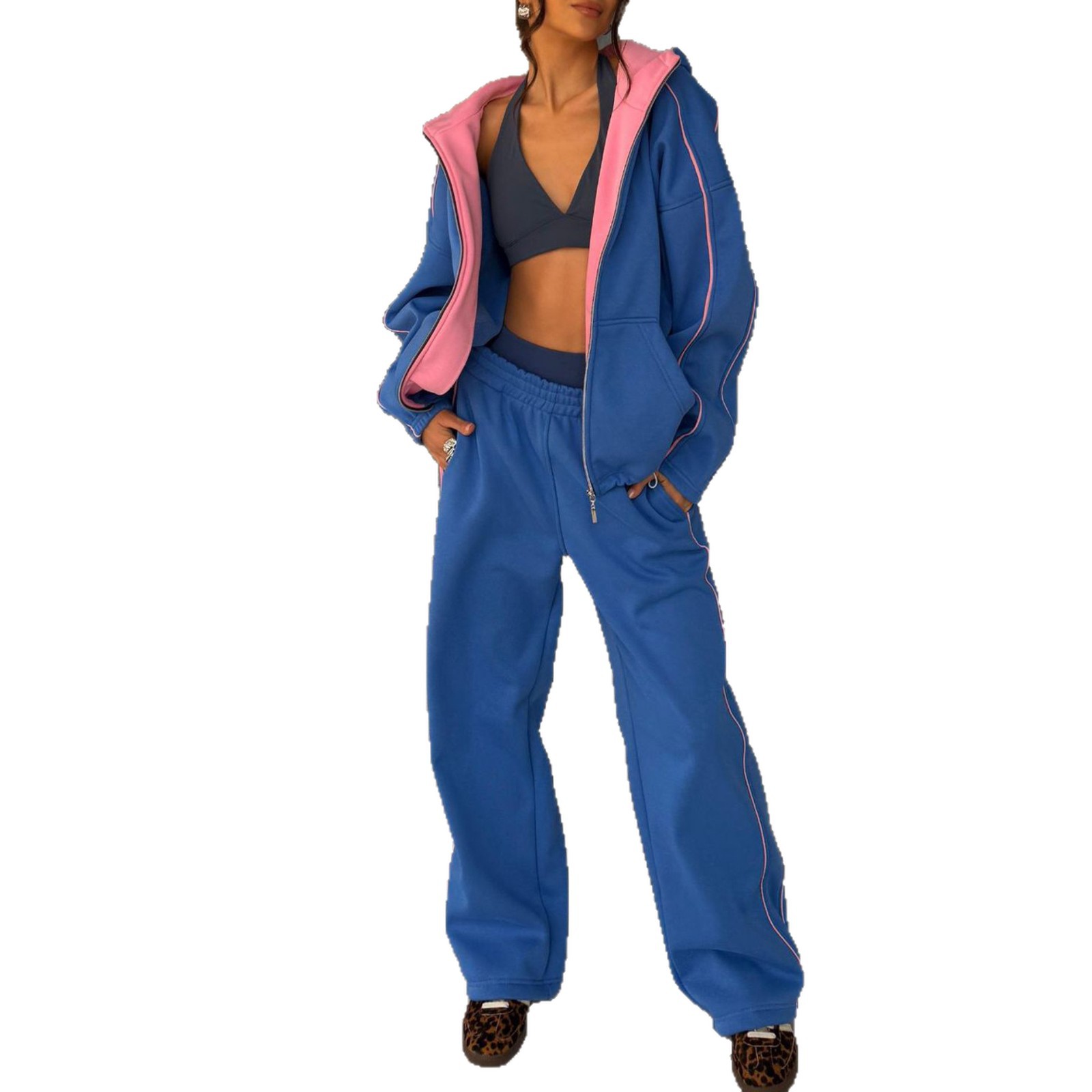 Women's Solid Color Hoodie & Wide-Leg Pants Set Casual Two-Piece