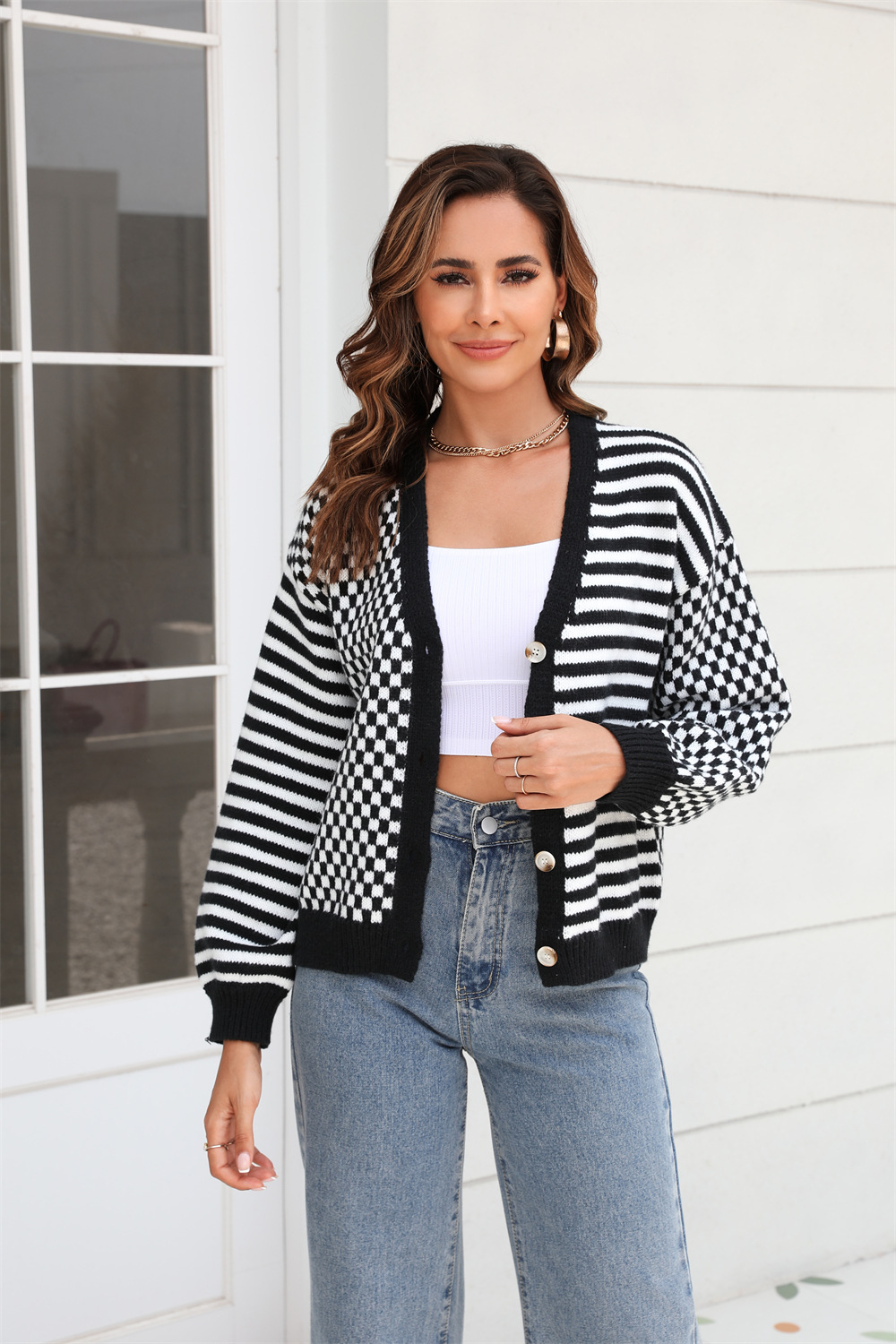 Plaid Striped Color-Block Knit Cardigan Sweater