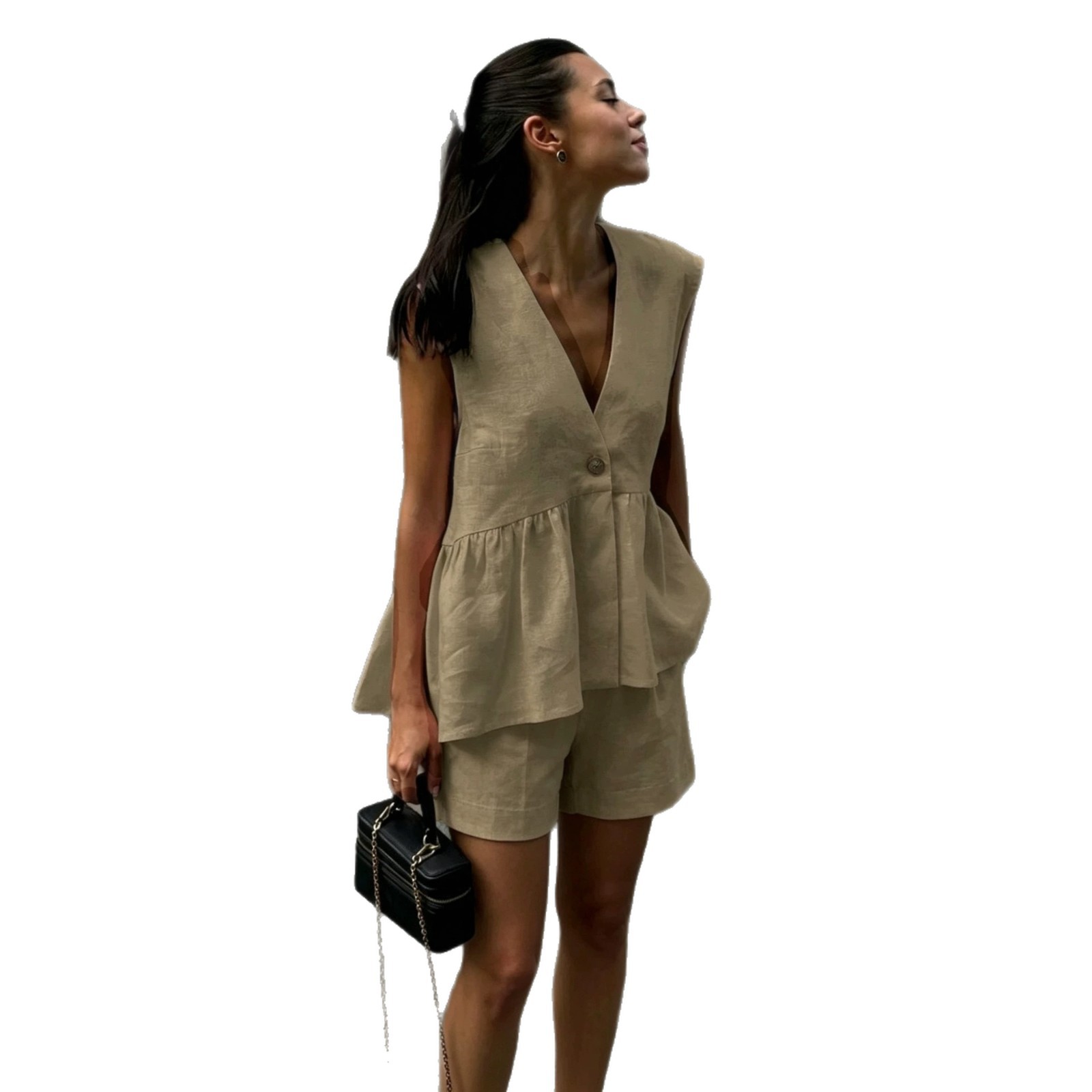 V-Neck Sleeveless Ruched Top and Solid Shorts Two-Piece Set