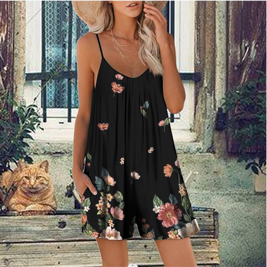 Women's Sleeveless Printed Romper with Pockets Casual Summer Shorts Jumpsuit