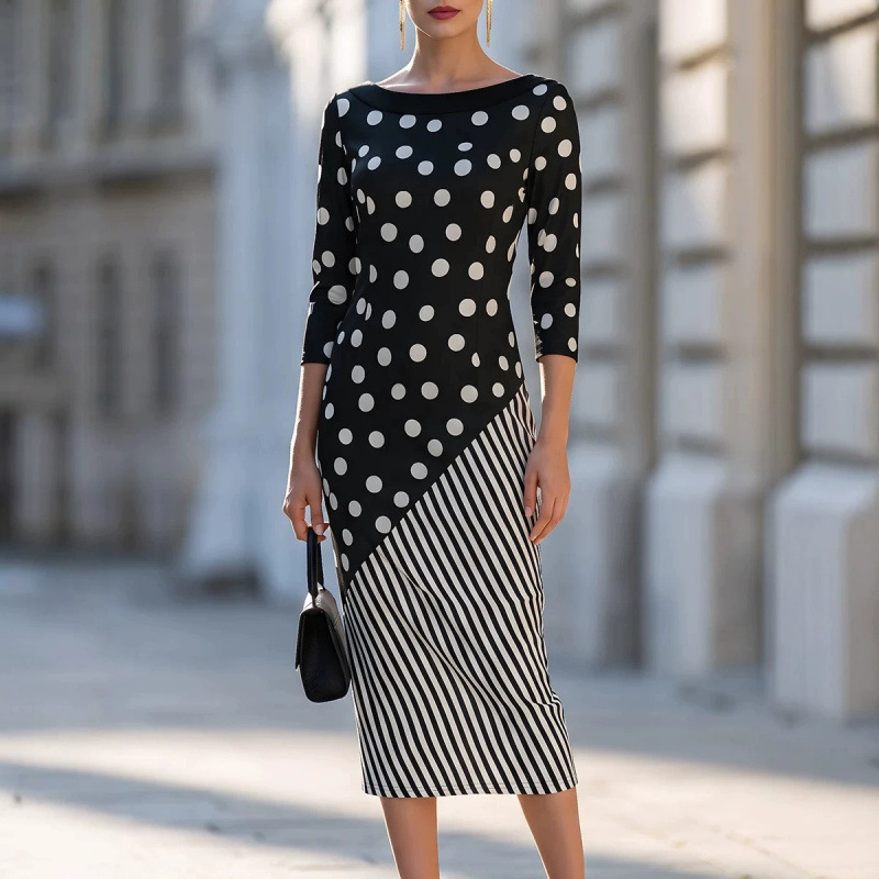 Elegant Vintage Polka Dot Patchwork Long Sleeve Dress