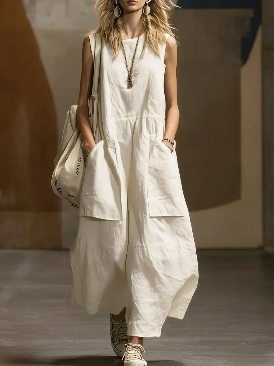 Women's Loose Sleeveless Cotton Linen Dress with Pockets