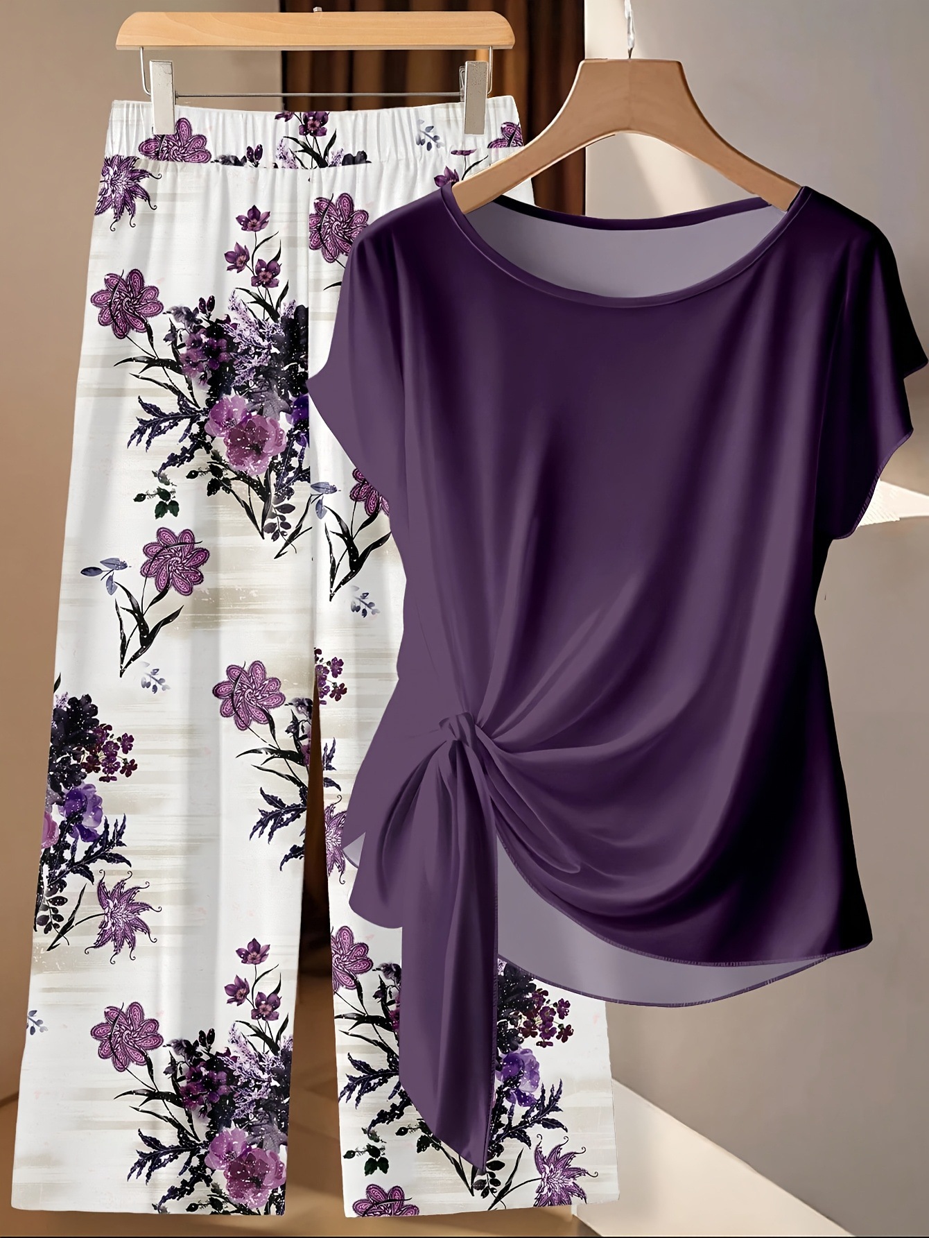 Floral Print Short Sleeve Top and Pants Set
