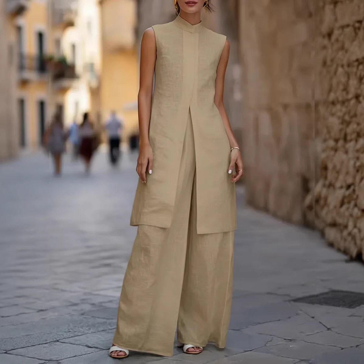 Sleeveless Cotton-Linen Shirt and Wide-Leg Pants Two-Piece Set