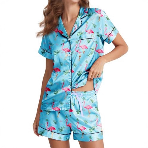 Women's Cuban Collar Bow Flamingo Heart Print Short Sleeve Set