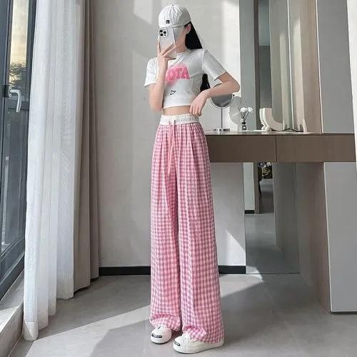 Women's Plaid Wide-Leg Pants High Waist Drawstring