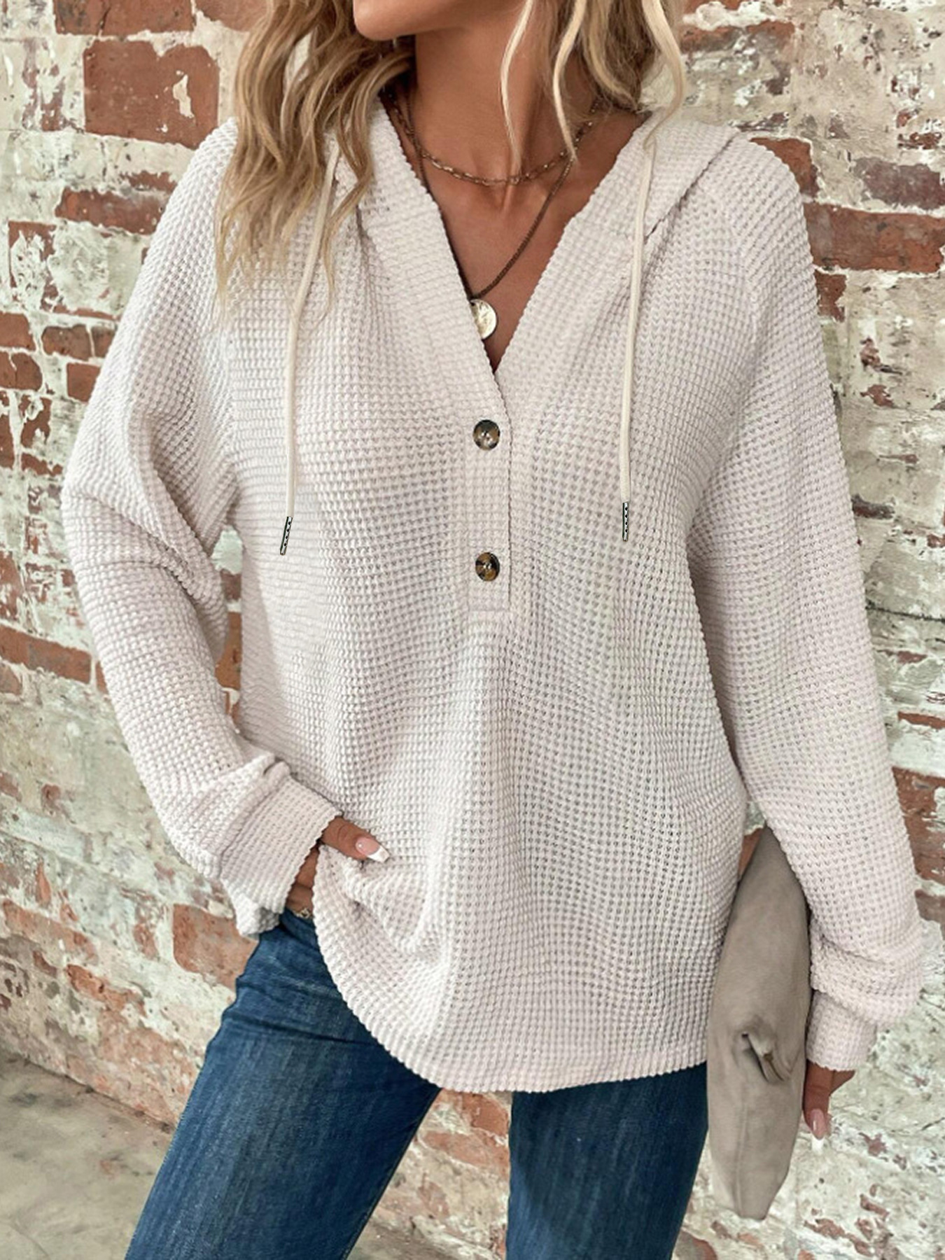 Women's Solid Color Long Sleeve V-Neck Hooded Button Sweatshirt