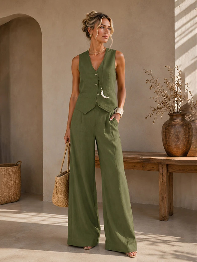 Women's Sleeveless V-Neck Pleated Two-Piece Pants Set