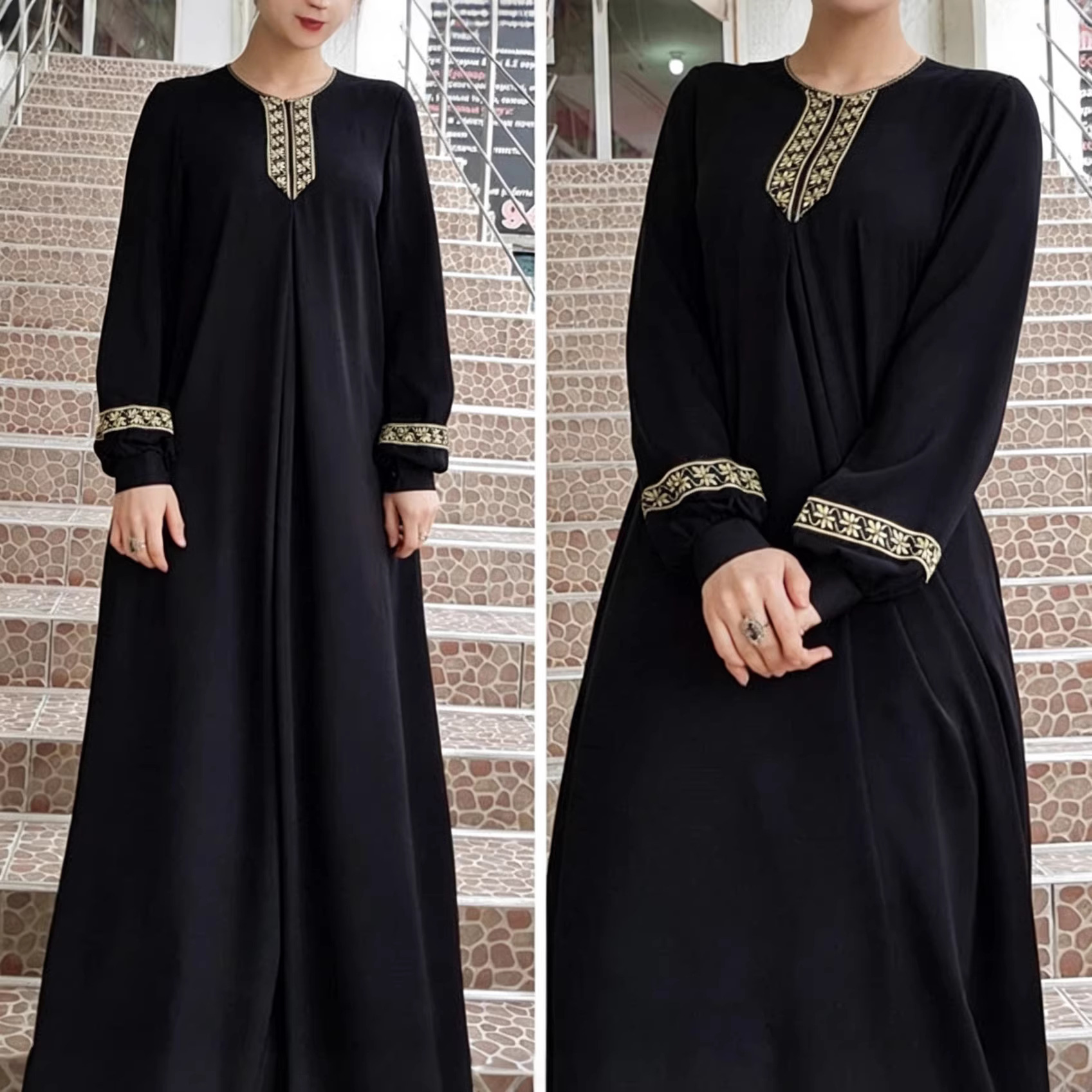 Floral Print Loose Long Dress Round Neck Long Sleeve Straight Fit