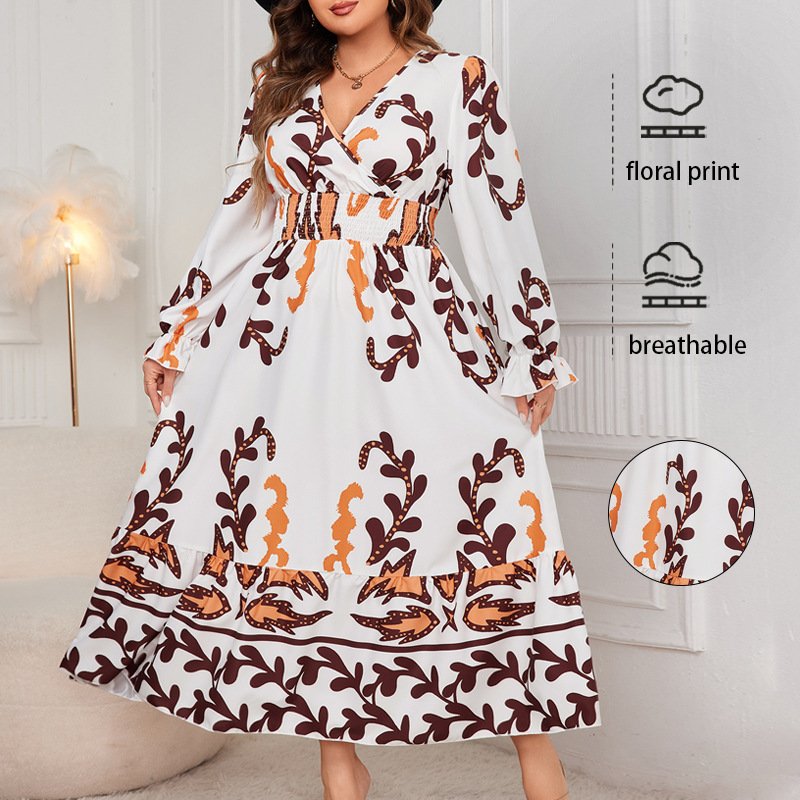 Floral Print Long Sleeve V-Neck Loose Midi Dress