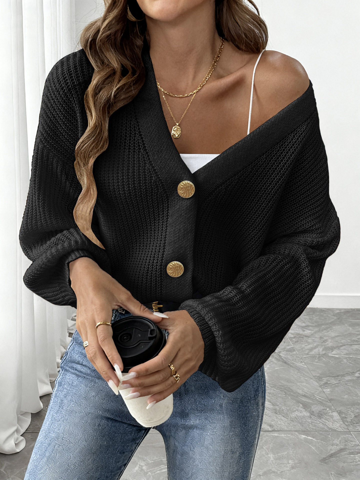 Women's Knit Cardigan Sweater with Gold Buttons