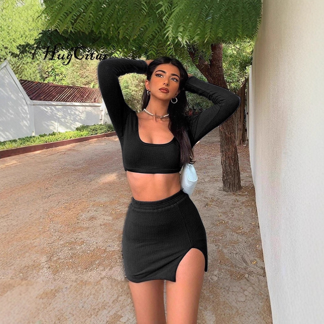 Ribbed Long-Sleeve Tank Top and High-Slit Bodycon Mini Skirt Set