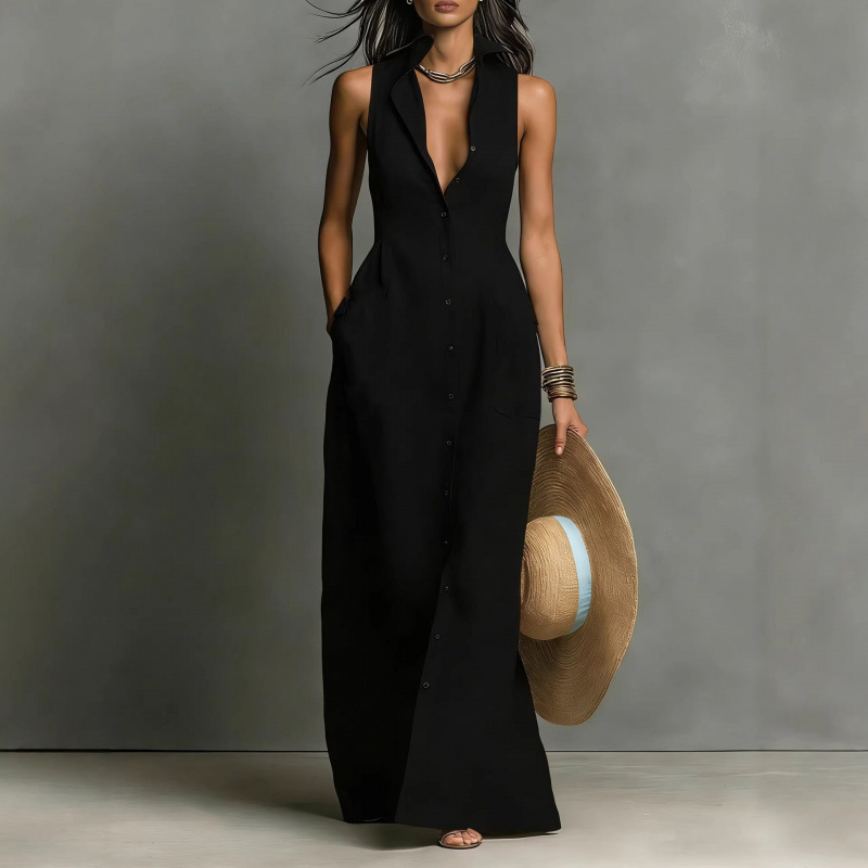 Sleeveless Button-Front Shirt Dress with Collar