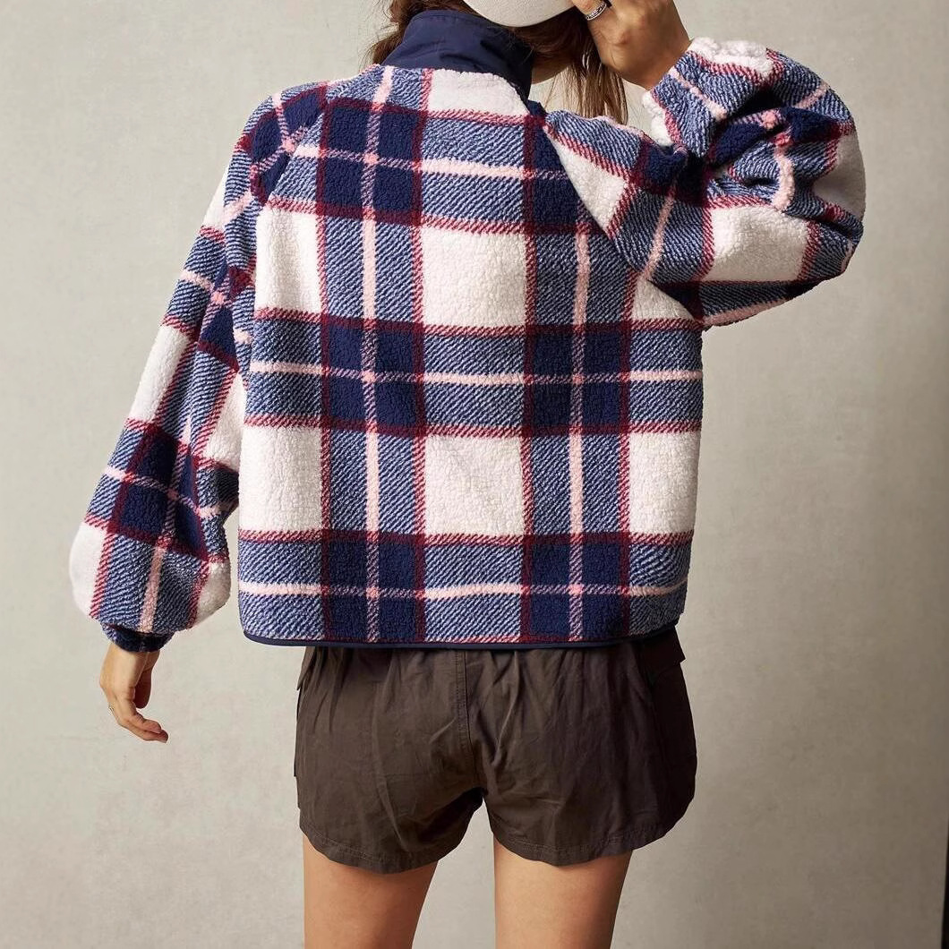 Women's Plaid Double-Faced Fleece Long Sleeve Cardigan Jacket