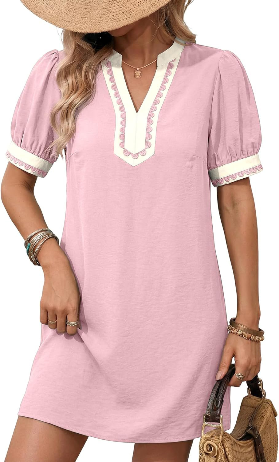 Color-Block Short Sleeve Half-Open V-Neck Straight Vacation Dress