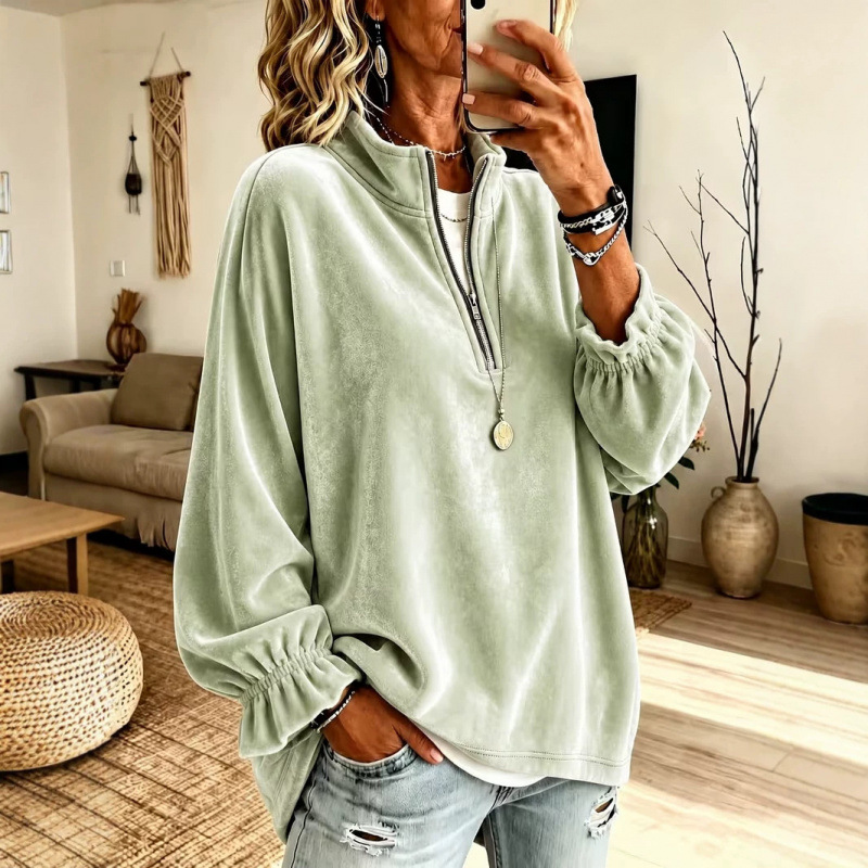 Women's Casual Zip-Up Loose Sweatshirt with Lapel Collar