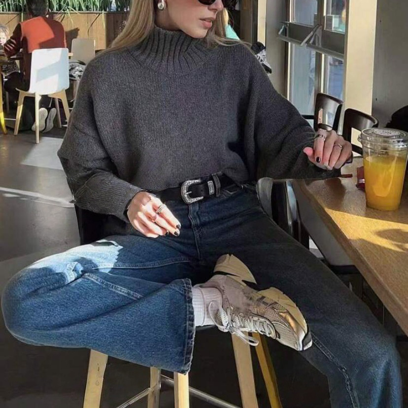 Women's Half-Turtleneck Sweater Loose Plus-Size Pullover Knit Top