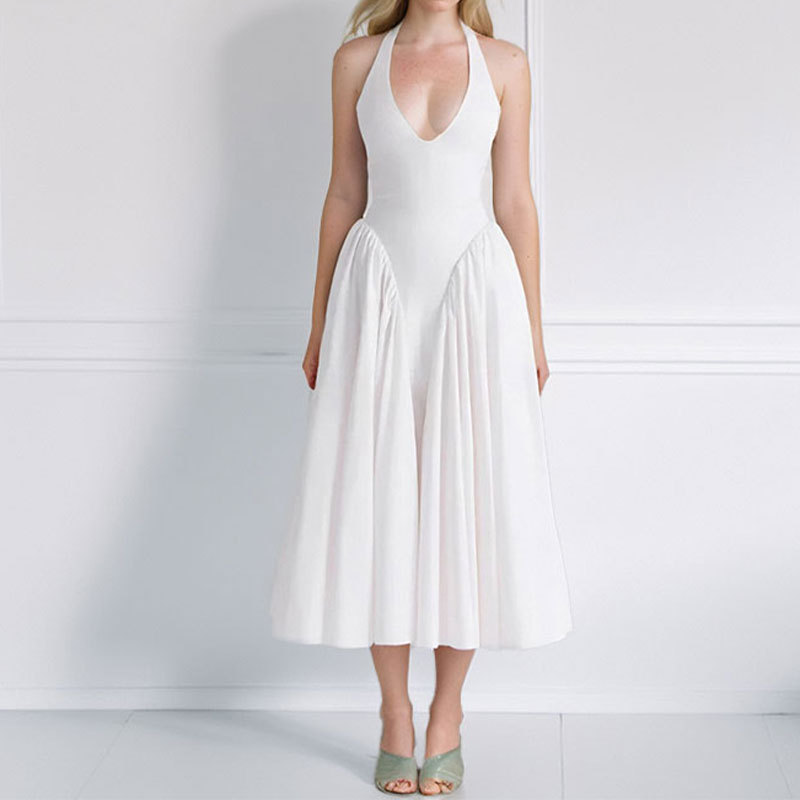 Women's Halter V-Neck Pleated A-Line Midi Dress
