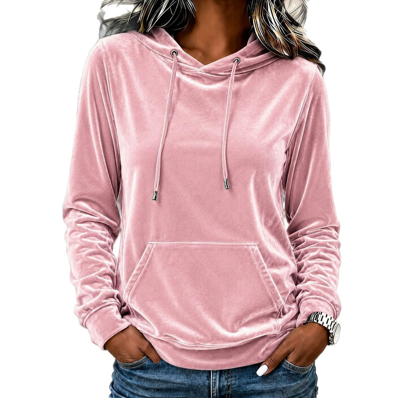 Women's Velvet Hooded Pullover Sweatshirt with Drawstring