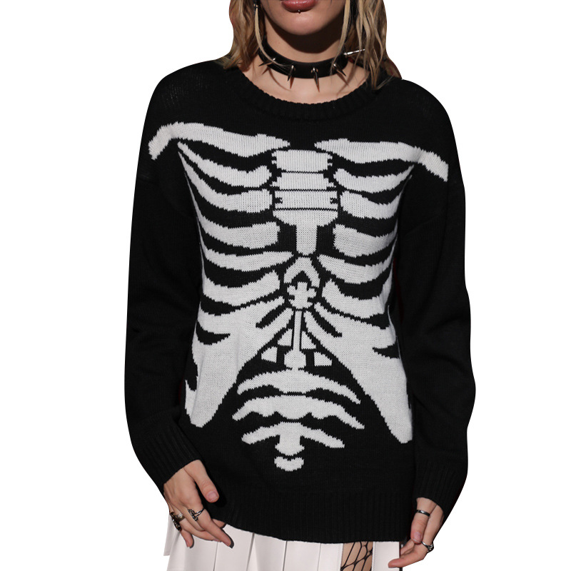 Gothic Skull Knit Sweater Women's Loose Long Sleeve Pullover