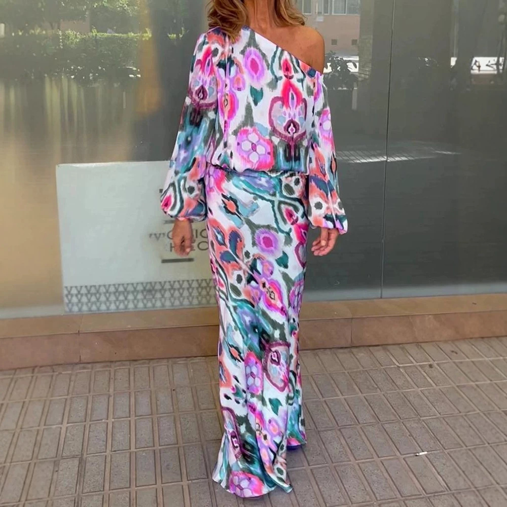 Women's Floral Print Long Sleeve Off-Shoulder Top and Mermaid Maxi Skirt Set