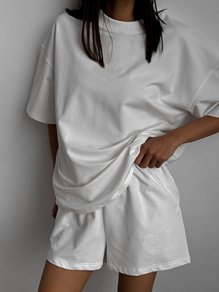Women's Casual Two-Piece Short Sleeve Crewneck and Shorts Set Solid Color