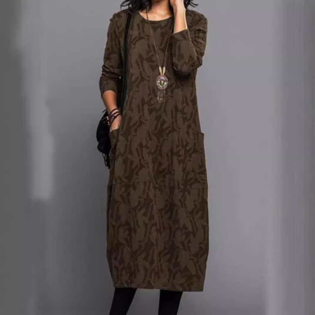 Women's Round Neck Long Sleeve Pocket Dress Casual Floral Print