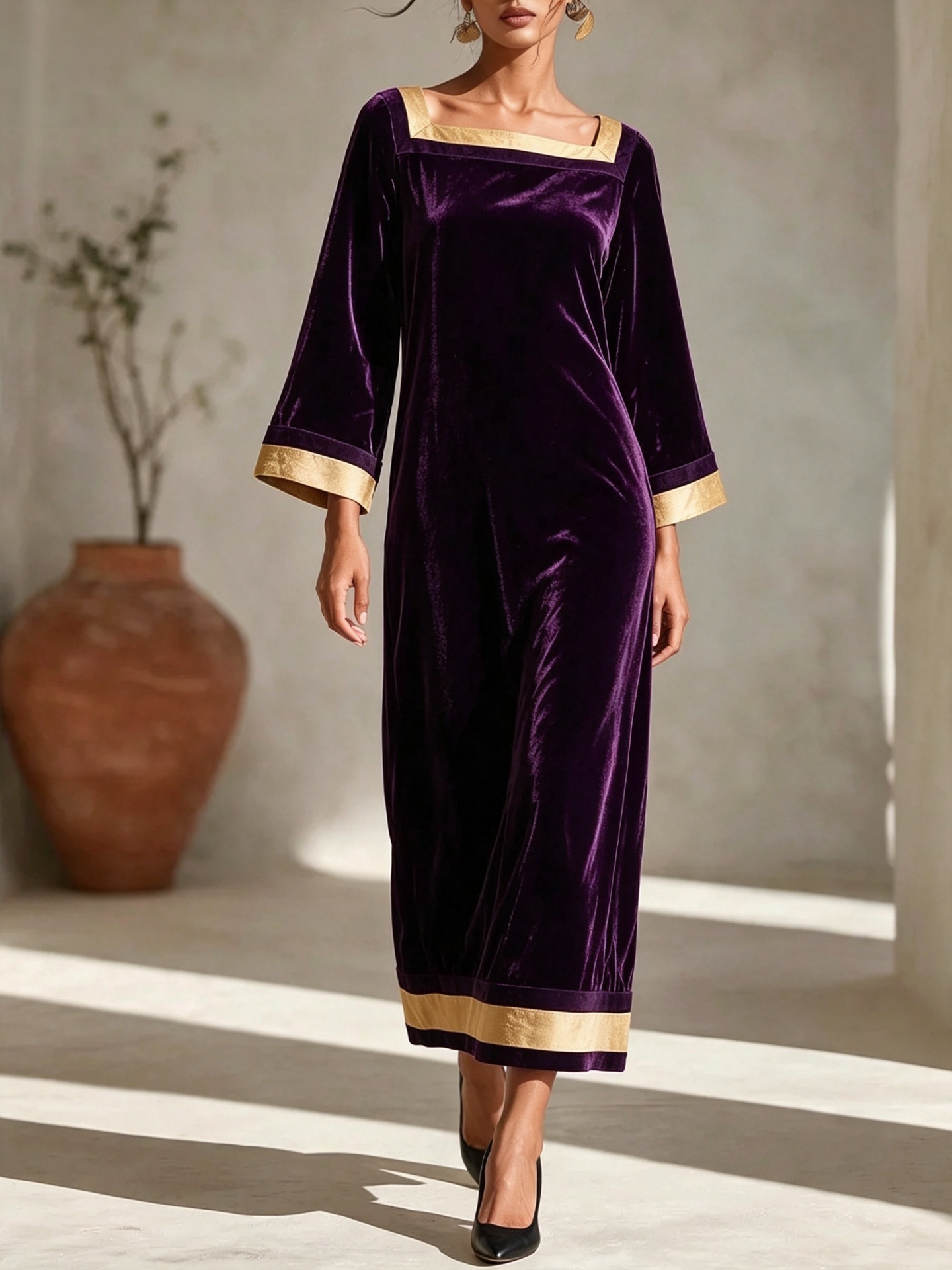 Women's Vintage Velvet Square Neck Midi Dress with Nine-Tenth Sleeves