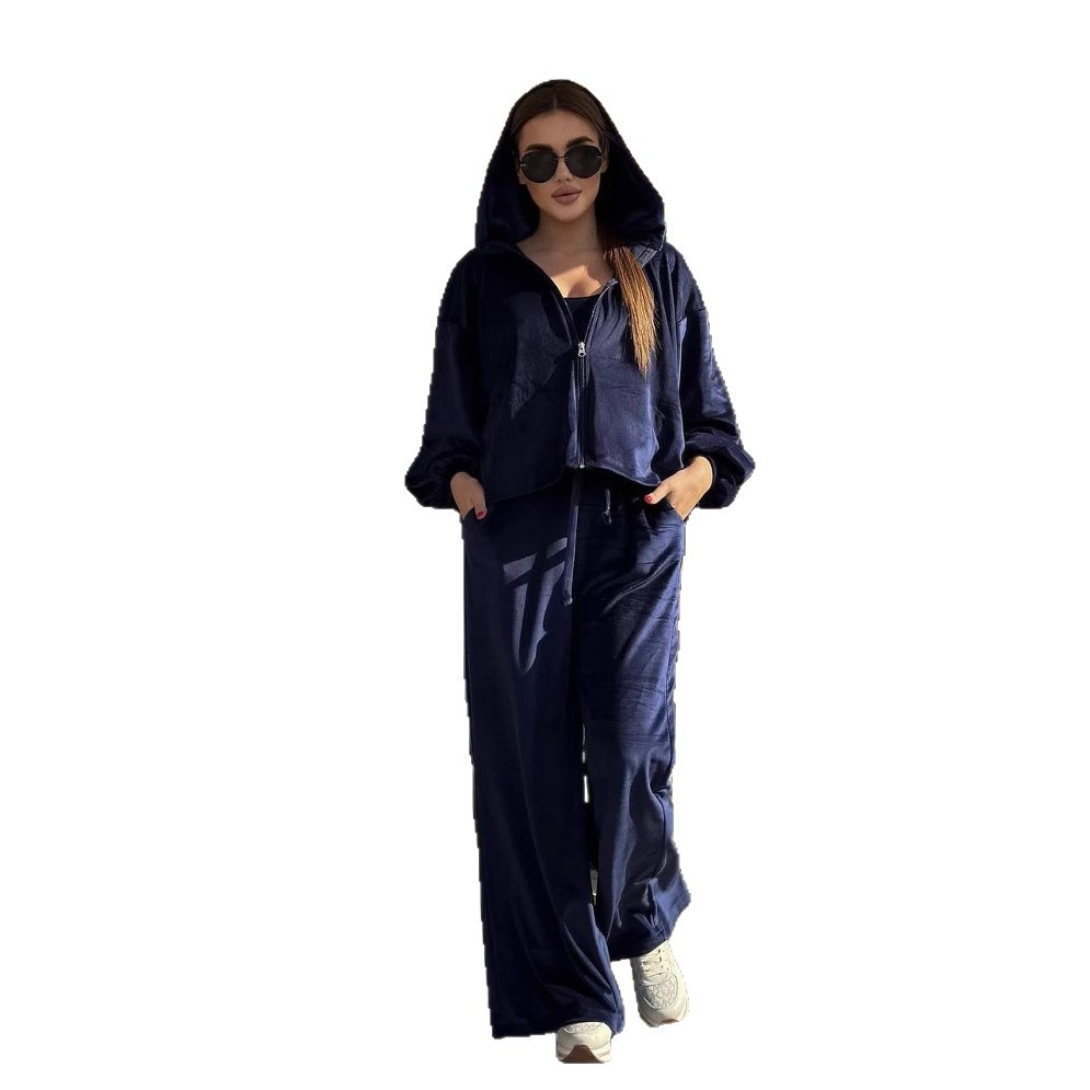 Women's Velvet Hooded Top and Pants Set Solid Color Casual Three-Piece