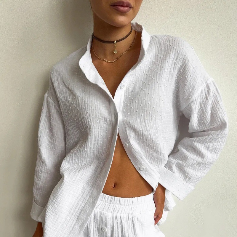 Women's Spring Summer Shirt and Pants Two-Piece Set Long Sleeve Collared Top with Elastic Waist Pants