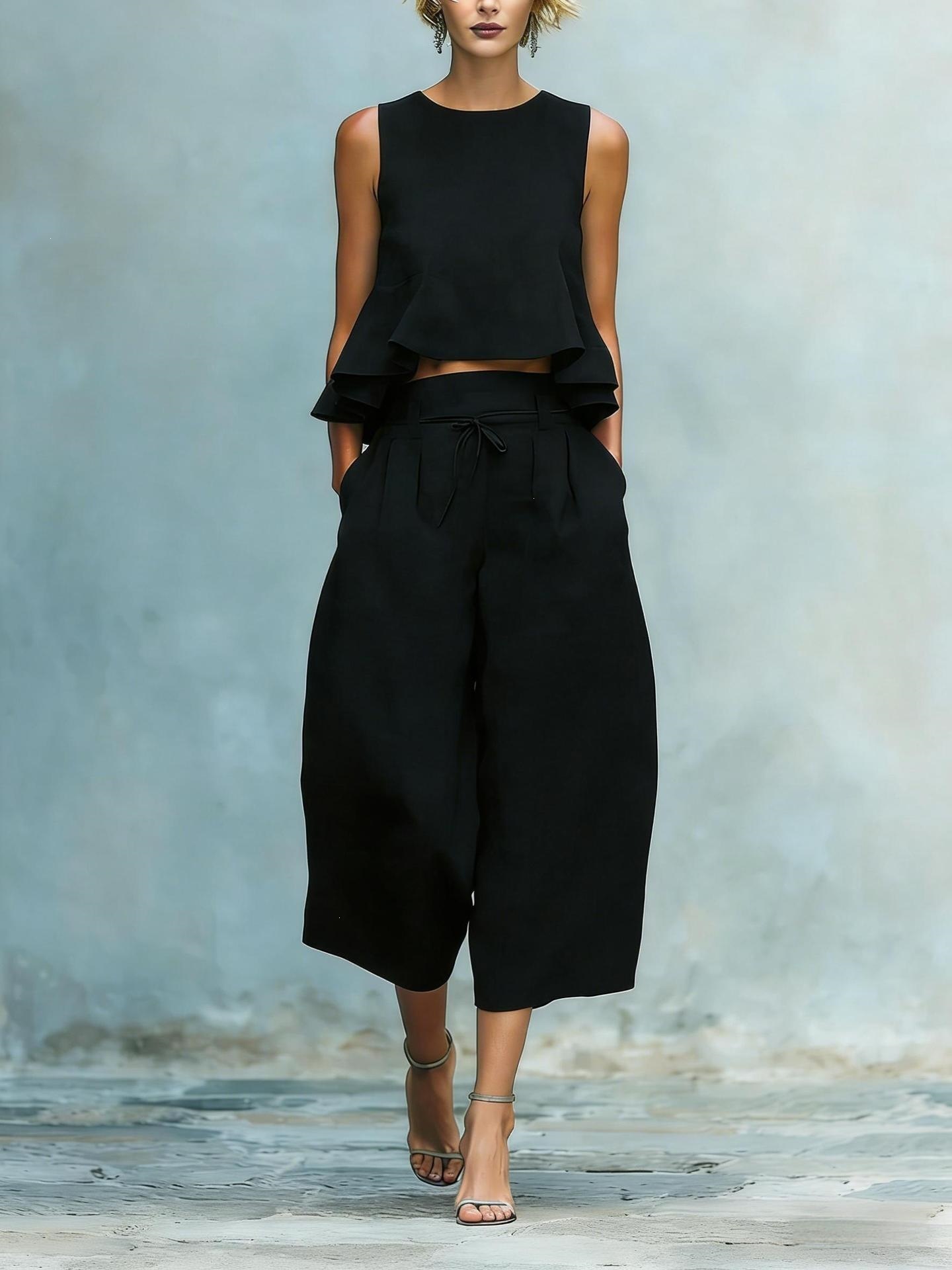 Sleeveless Ruched Tank Top & Wide-Leg Pants Cotton-Blend Set