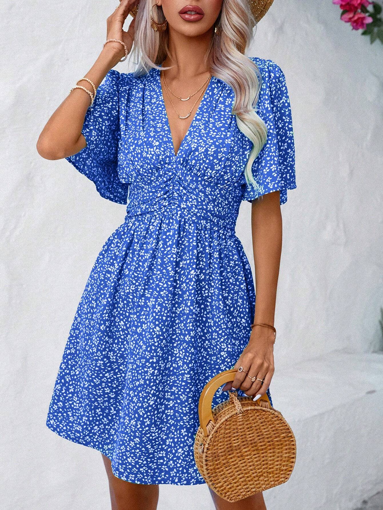 Women's Summer V-Neck Half-Sleeve Floral Pleated High-Waist Dress