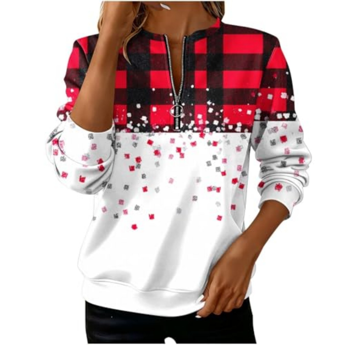 Plaid Snowflake Print Half-Zip Hoodie