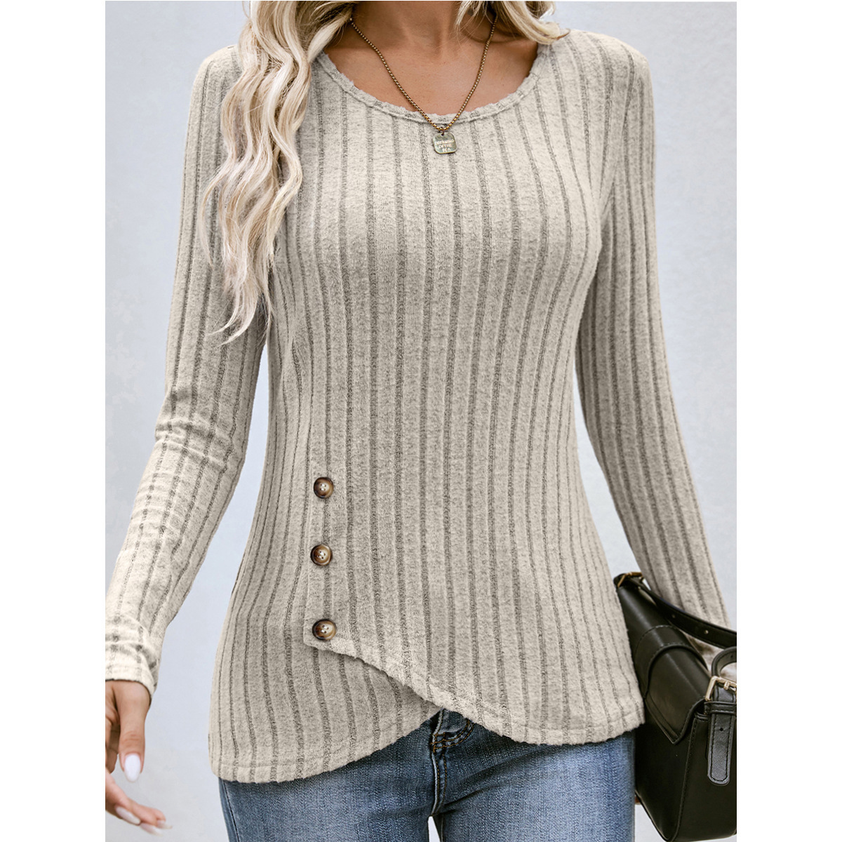 Women's Slim Fit Ribbed Knit Long Sleeve Round Neck Top