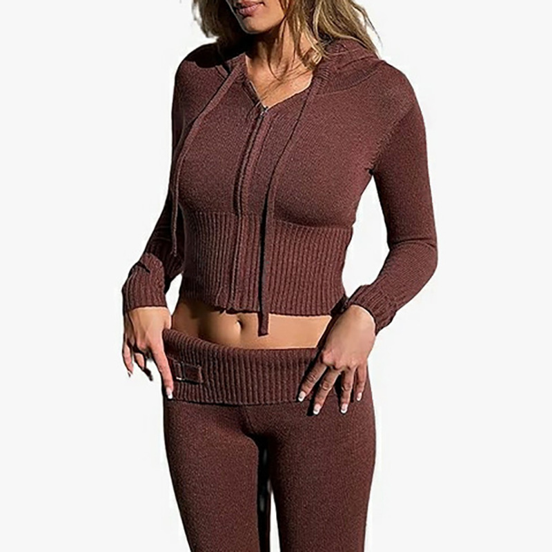 Women's Casual Knit Two-Piece Set Hooded Cardigan Slim Pants