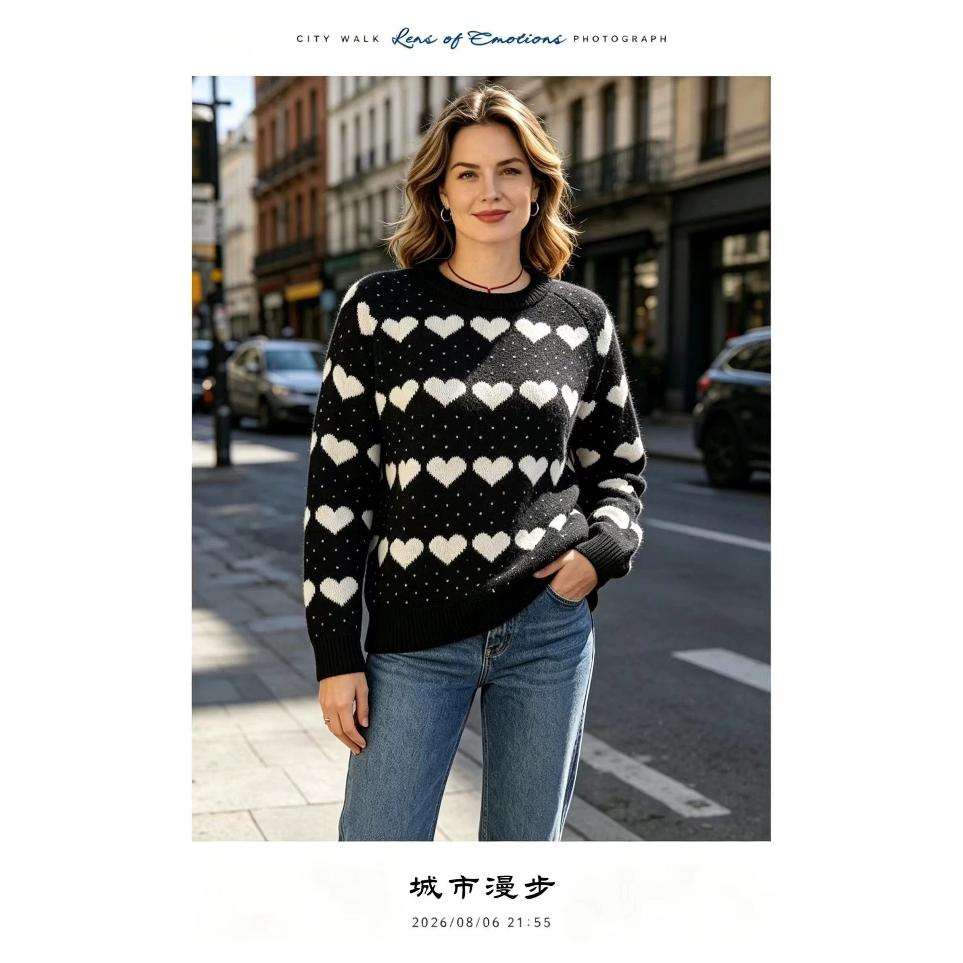 Heart Jacquard Knit Cardigan Wool-Blend V-Neck Loose Casual Sweater