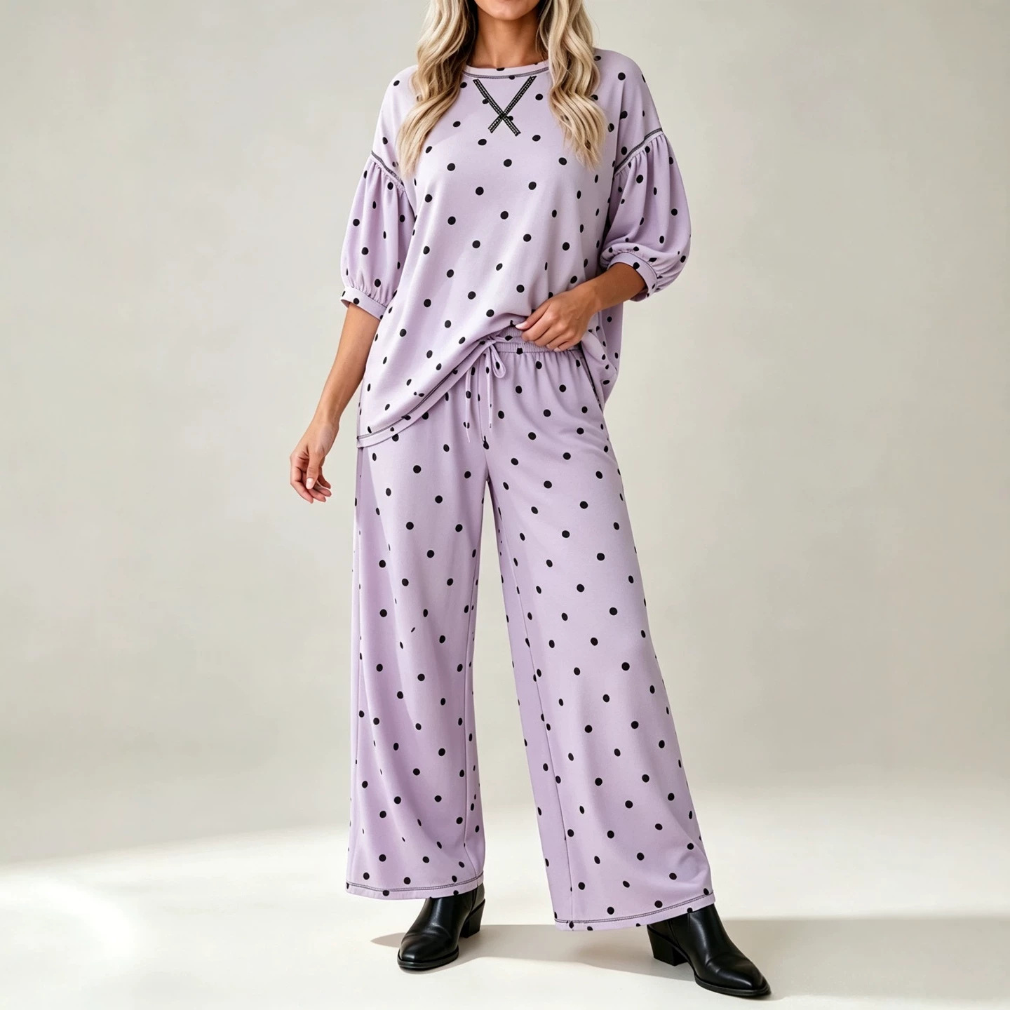 Women's Polka Dot Print Tie-Waist Wide-Leg Two-Piece Set