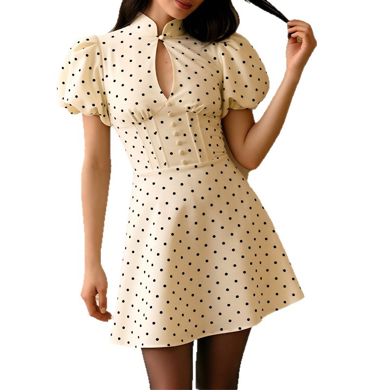 Women's Polka Dot Lantern Sleeve A-Line Mini Dress with Waist