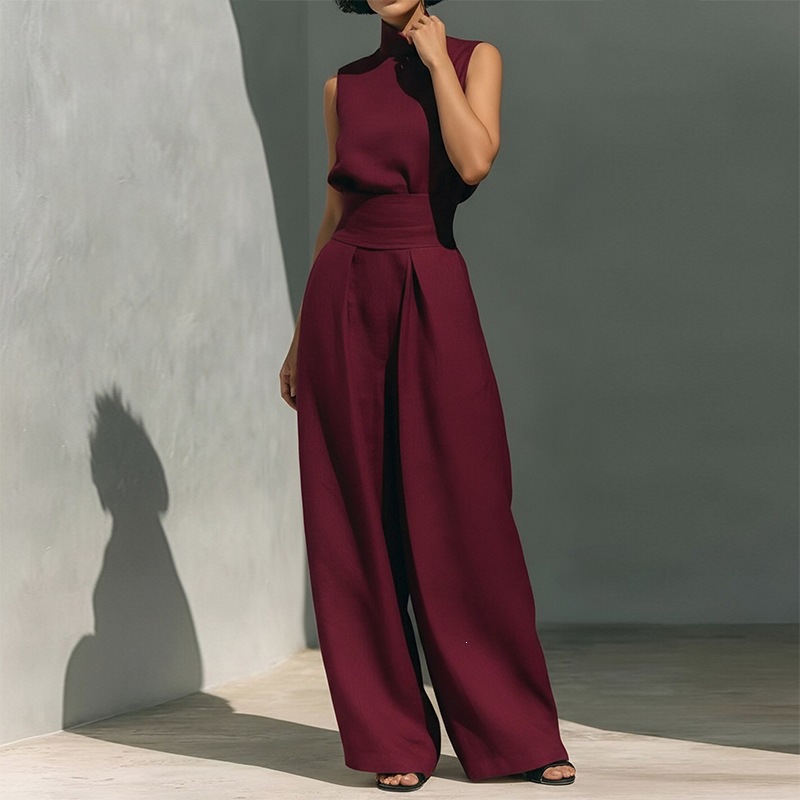 Women's Sleeveless High Neck Top and Straight Leg Pants Casual Set