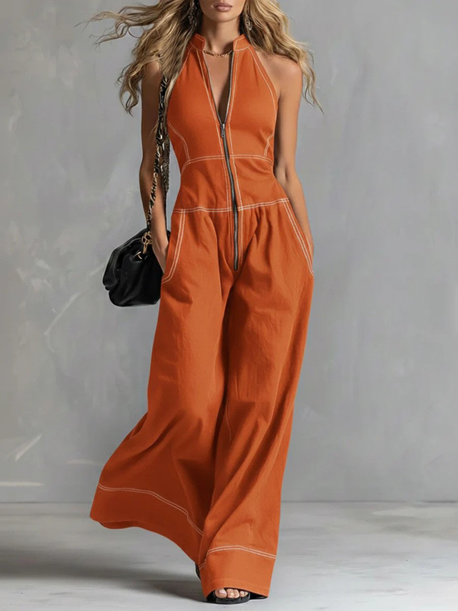 Women's Sleeveless Stand Collar Wide-Leg Jumpsuit