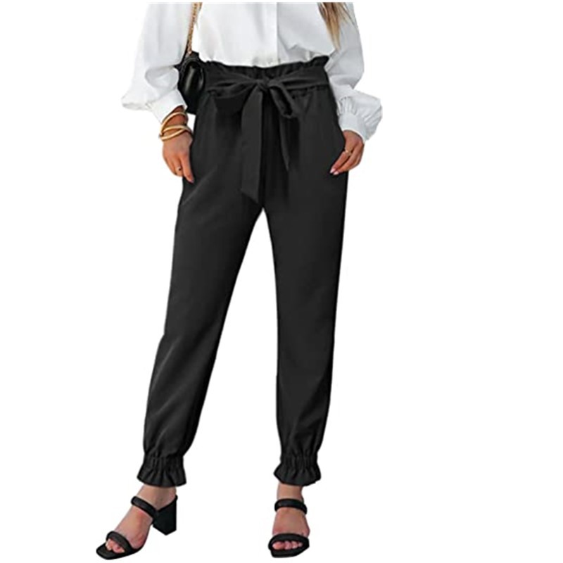 High-Waist Tie Belt Slim Fit Solid Color Pants for Women