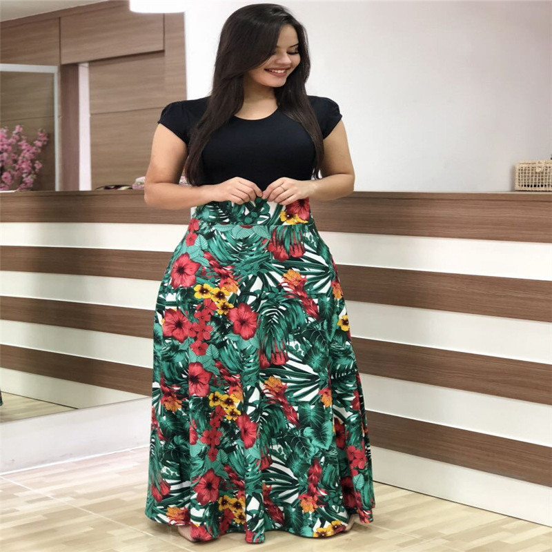 Floral Print Color-Block Short-Sleeve Plus-Size Dress