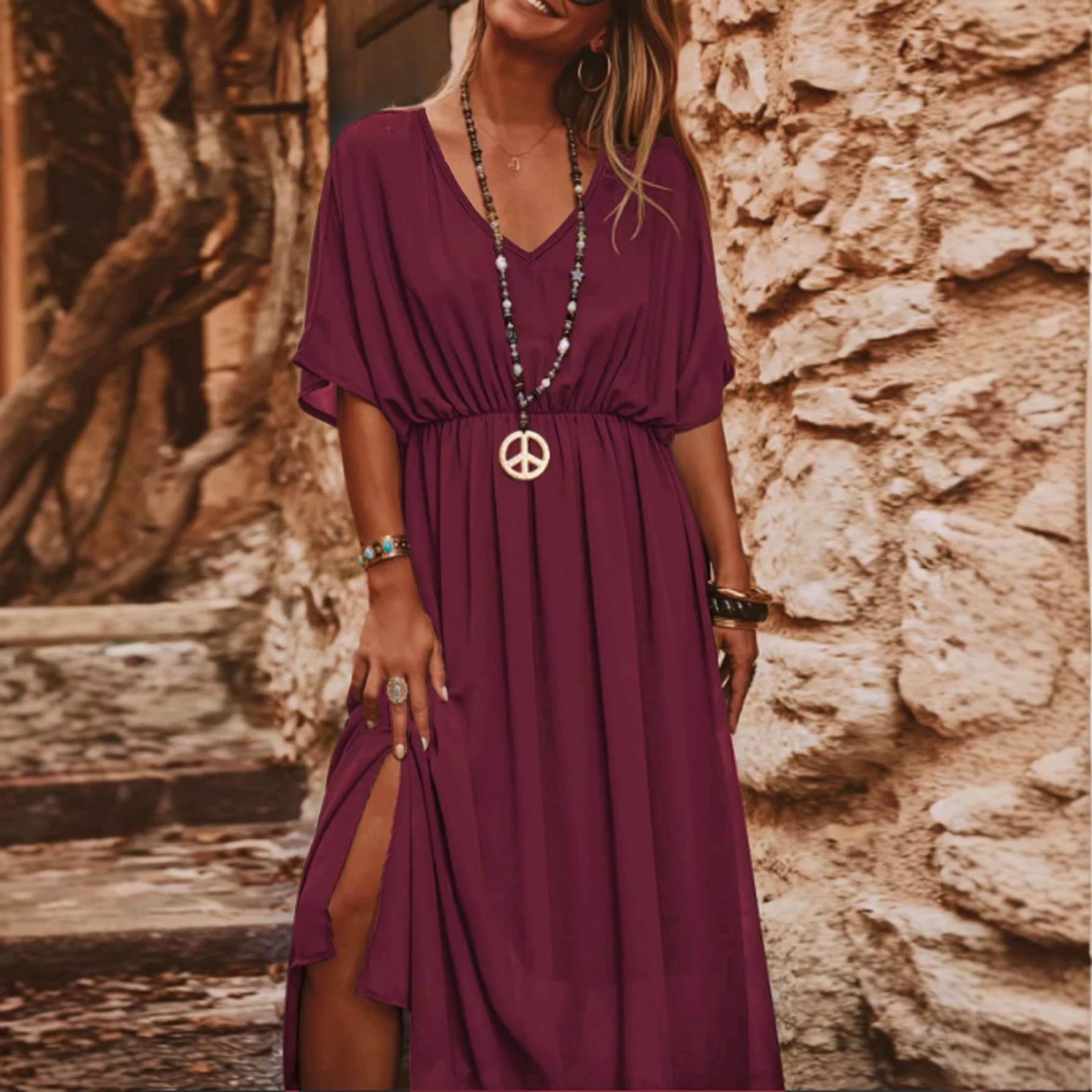 Plus Size Batwing Sleeve V-Neck Maxi Dress