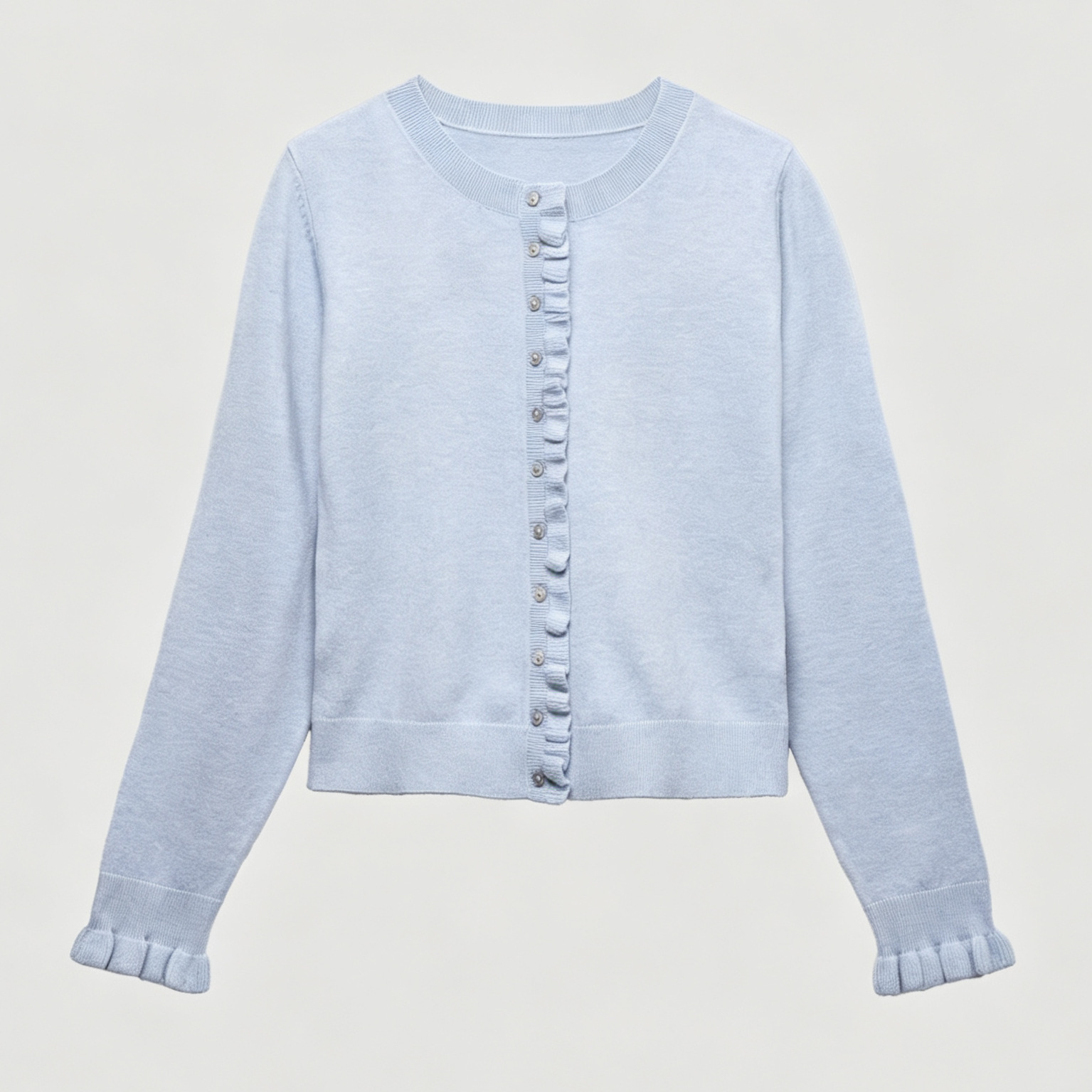 Women's Crewneck Long Sleeve Ruffle Knit Cardigan Sweater