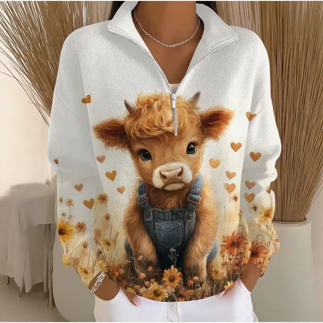 Cute Animal Print Half-Zip Hoodie for Women