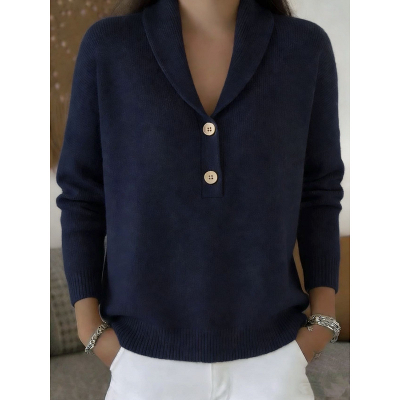Women's Knit Button Polo Sweater Solid Color Casual Loose Fit Long Sleeve
