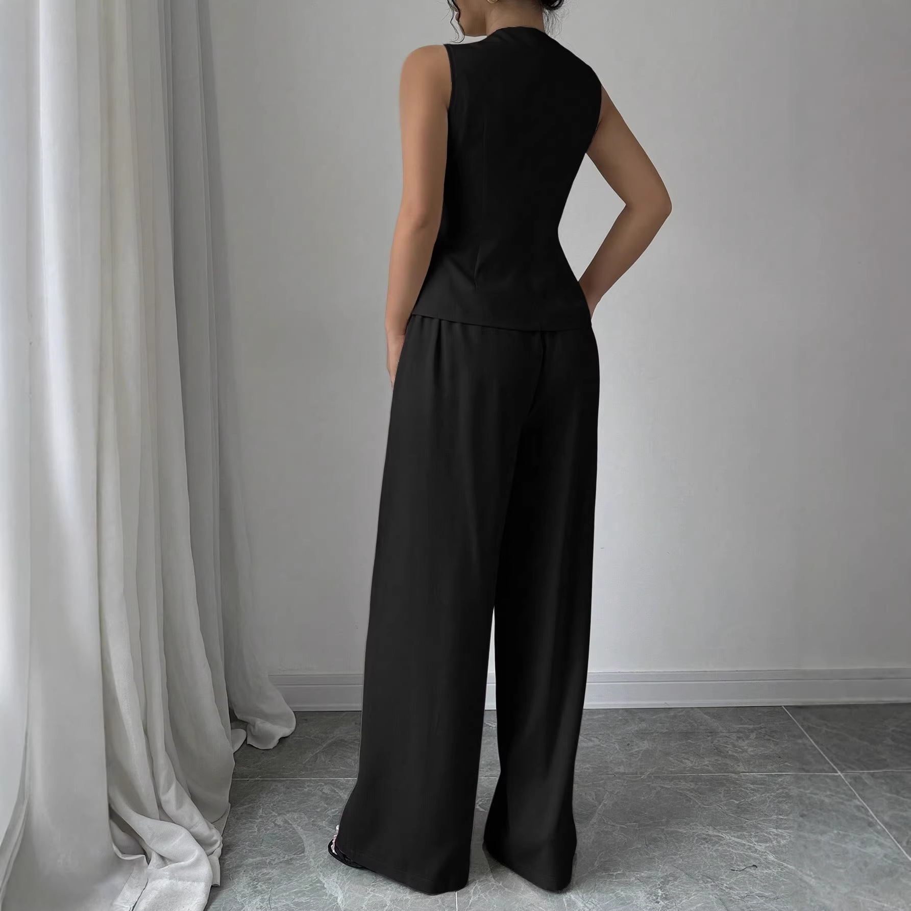 Women's Sleeveless Vest and Wide-Leg Pants Set Solid Color Commuter Two-Piece
